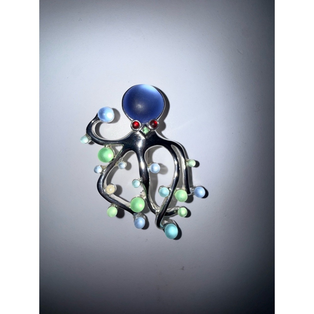 Vintage Silver Tone‎ Multi-Stone Octopus Brooch